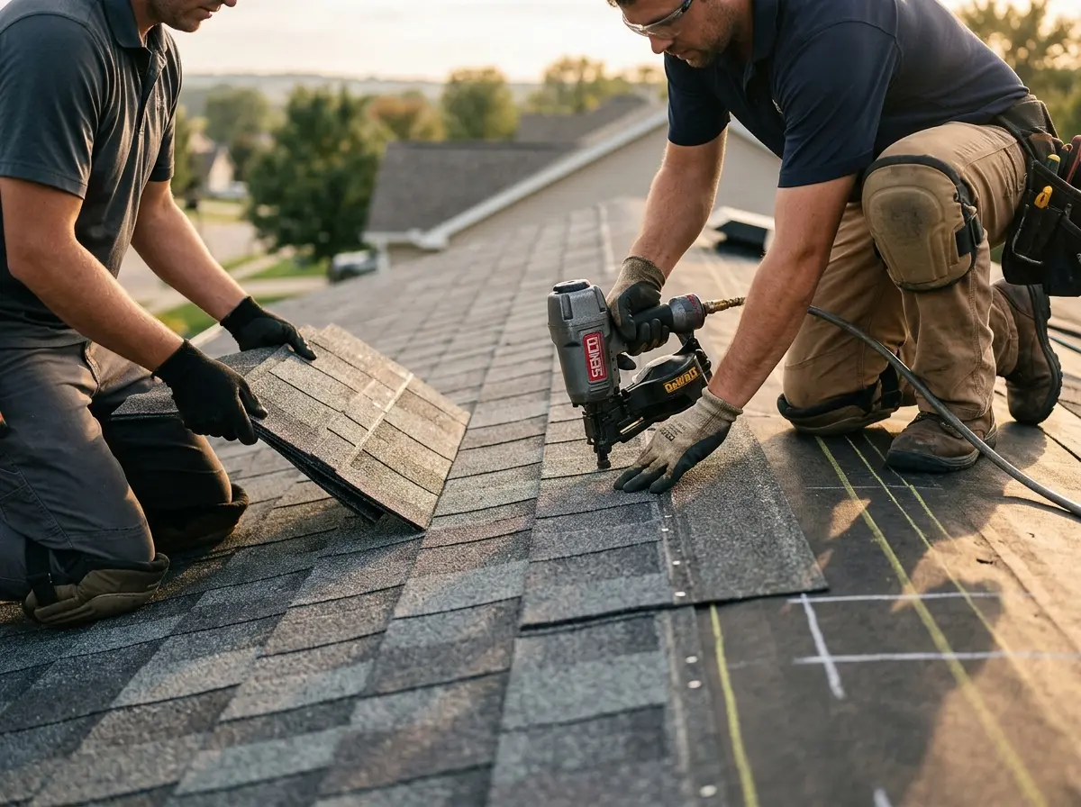 Professional roofer working on a residential roof in Hazle